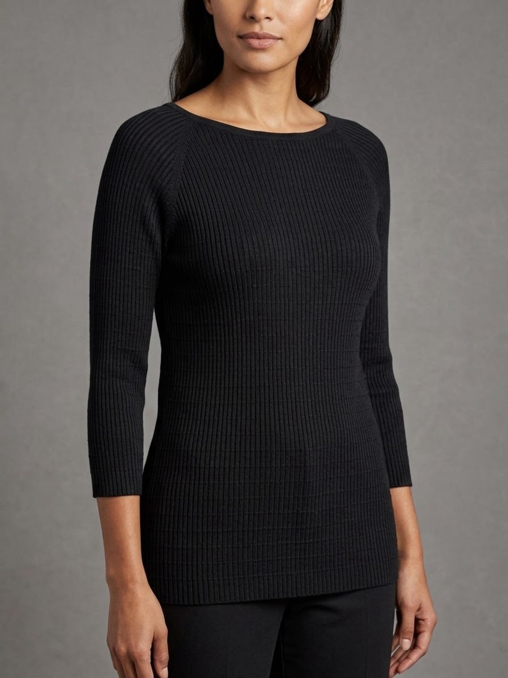 Valerie Stevens Black Ribbed Crewneck Sweater 100% Silk